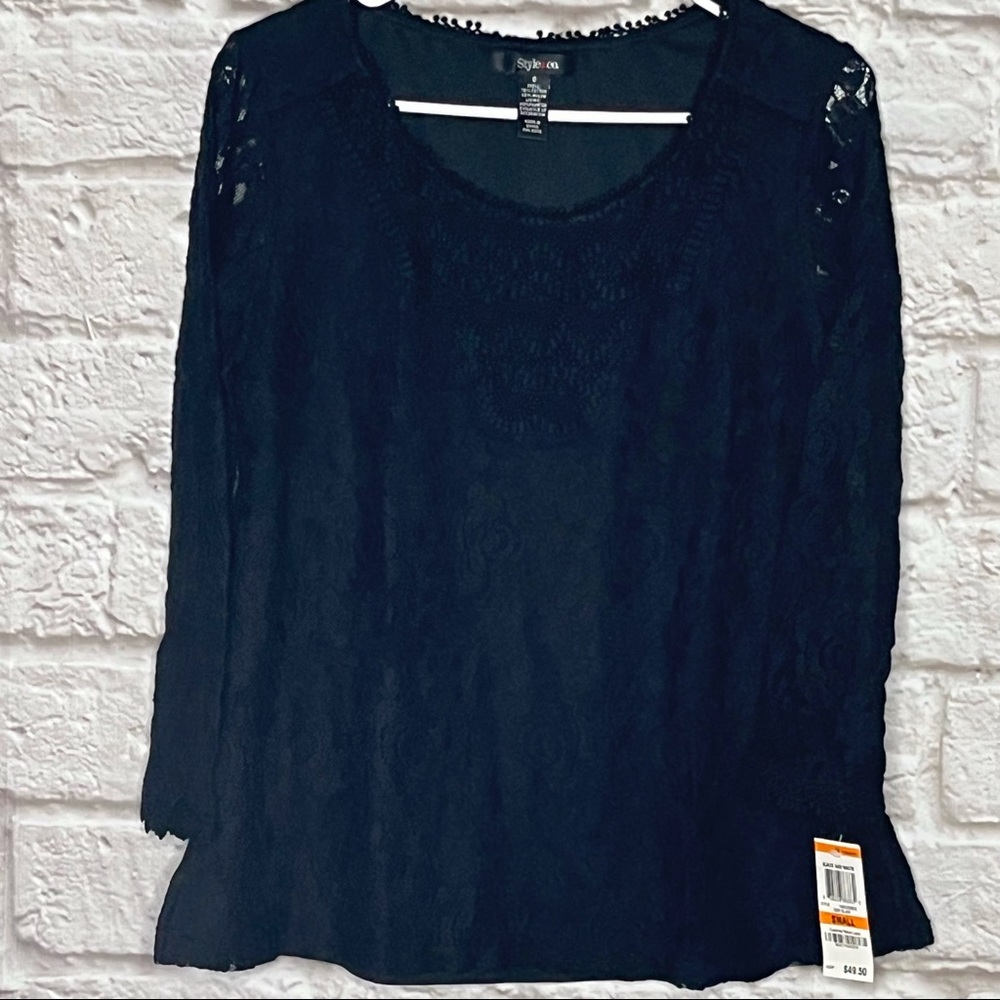 NWT Style‎ & Co Women's Black Top Lace Two Layer Blouse Size Small